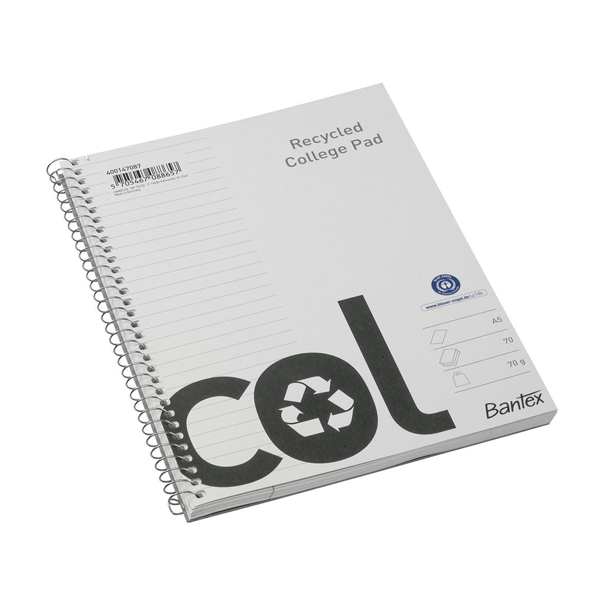 Kollegieblock Bantex Recycled Linjerat 70 Blad A5+ 70g