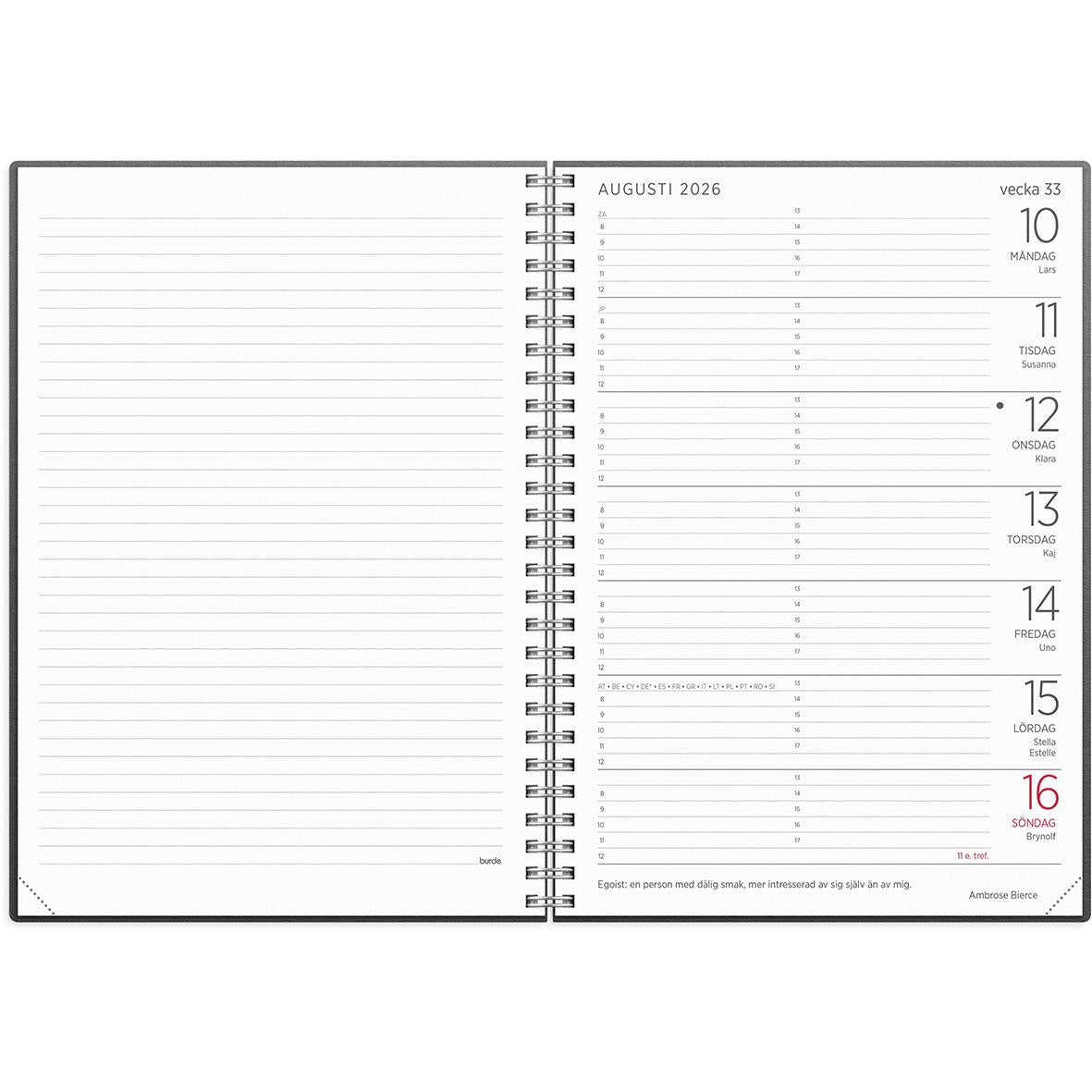 Almanacka Burde 5108 Stor Veckokalender ECO Line 2026 Svart