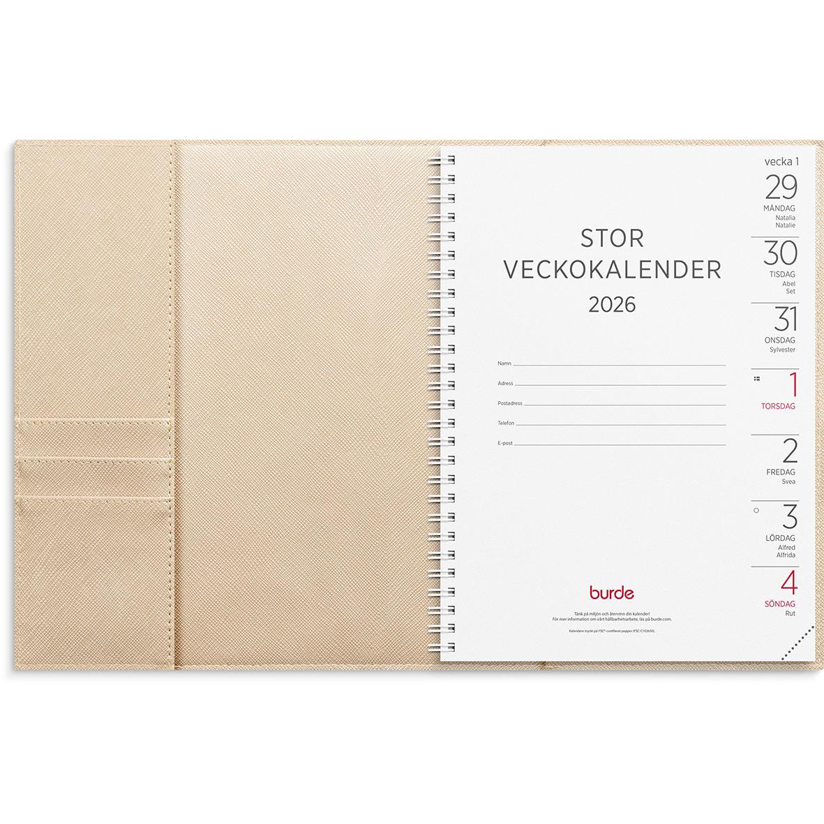 Almanacka Burde 5709 Stor Veckokalender Amelia 2026 Beige A5