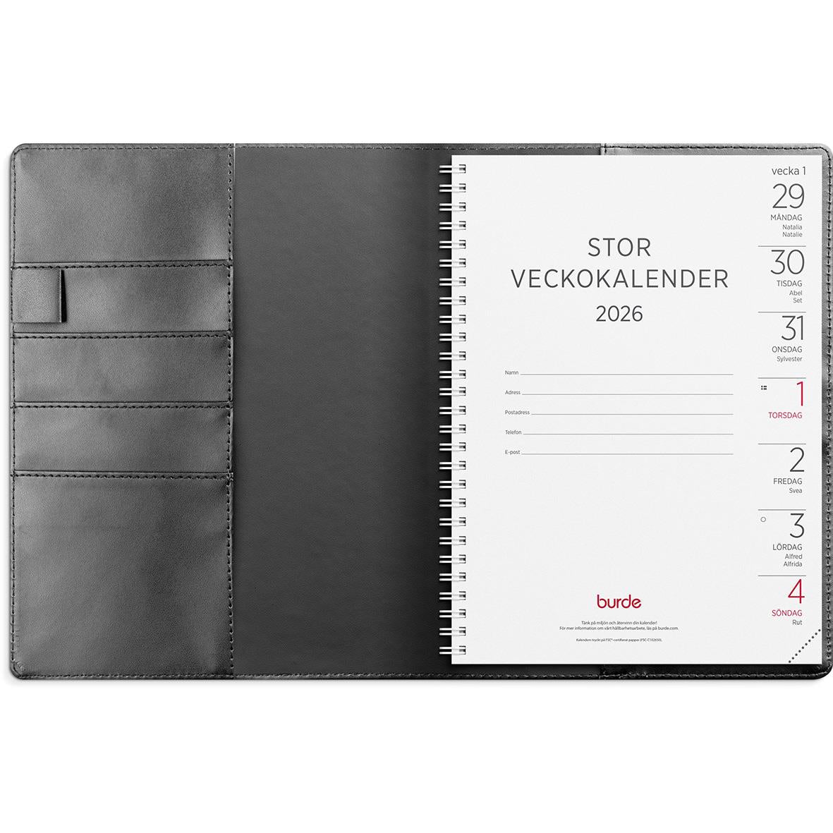 Almanacka Burde 5809 Stor Veckokalender 2026 Svart A5