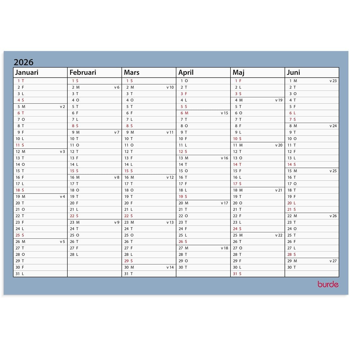 Väggkalender Burde 5072 Väggblad 25-26 A4