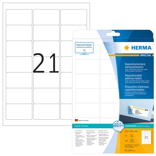 Etikett Herma Special avtagbar 63,5 x 38,1mm 525st/fp