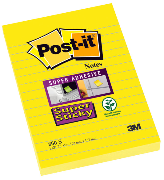 Notisar Post-it Super Sticky Linjerat Ultragul 101x152mm