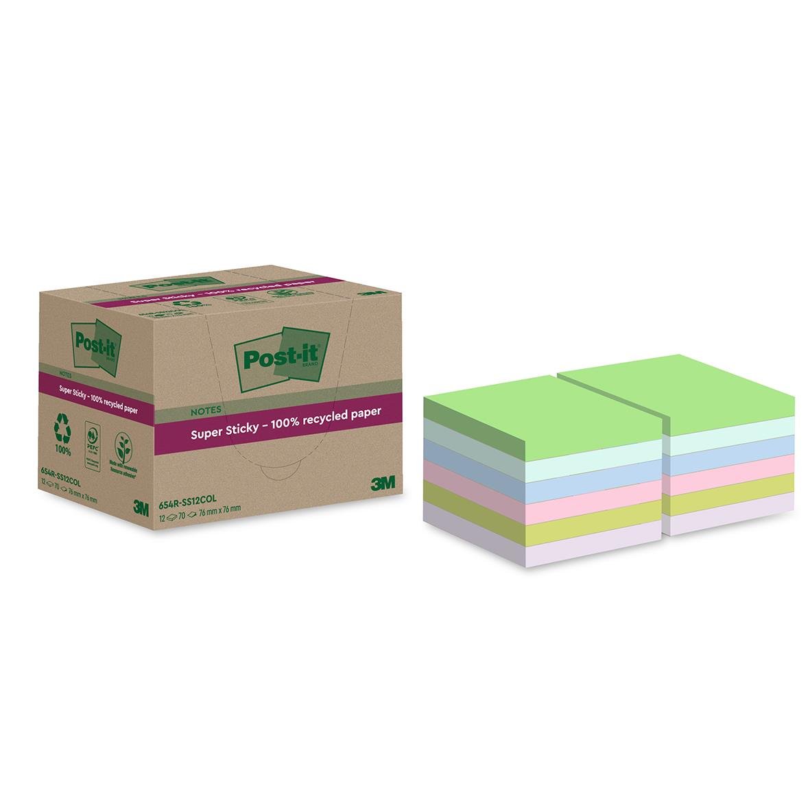 Notisar Post-it Super Sticky Recycled Mix Färg 76x76mm
