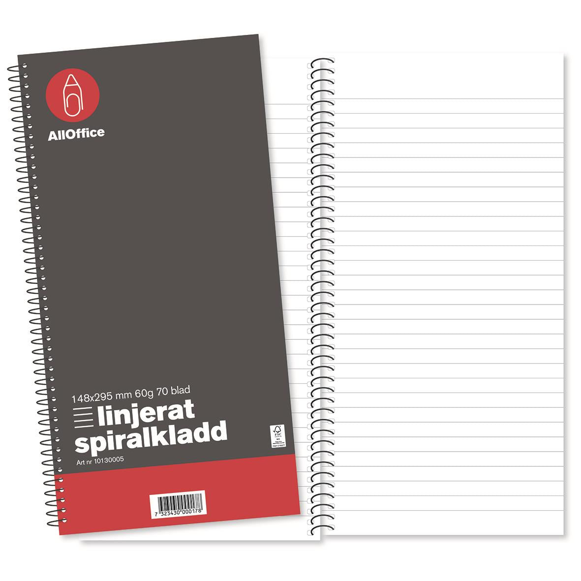 Spiralkladd AllOffice Linjerat 70 Blad 148x295mm 60g