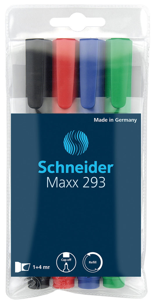 Whiteboardpenna Schneider 293 Snedskuren 4 färger 1-4mm