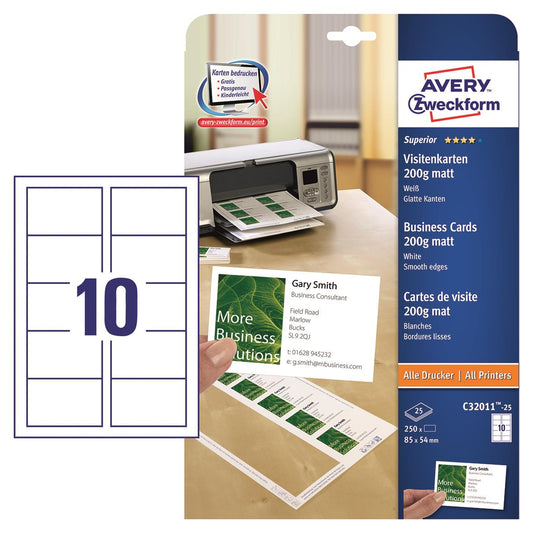 Visitkort Avery Quick & Clean inkjet/laser 200g 85x54mm
