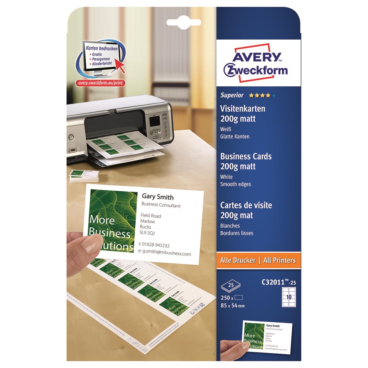 Visitkort Avery Quick & Clean inkjet/laser 200g 85x54mm