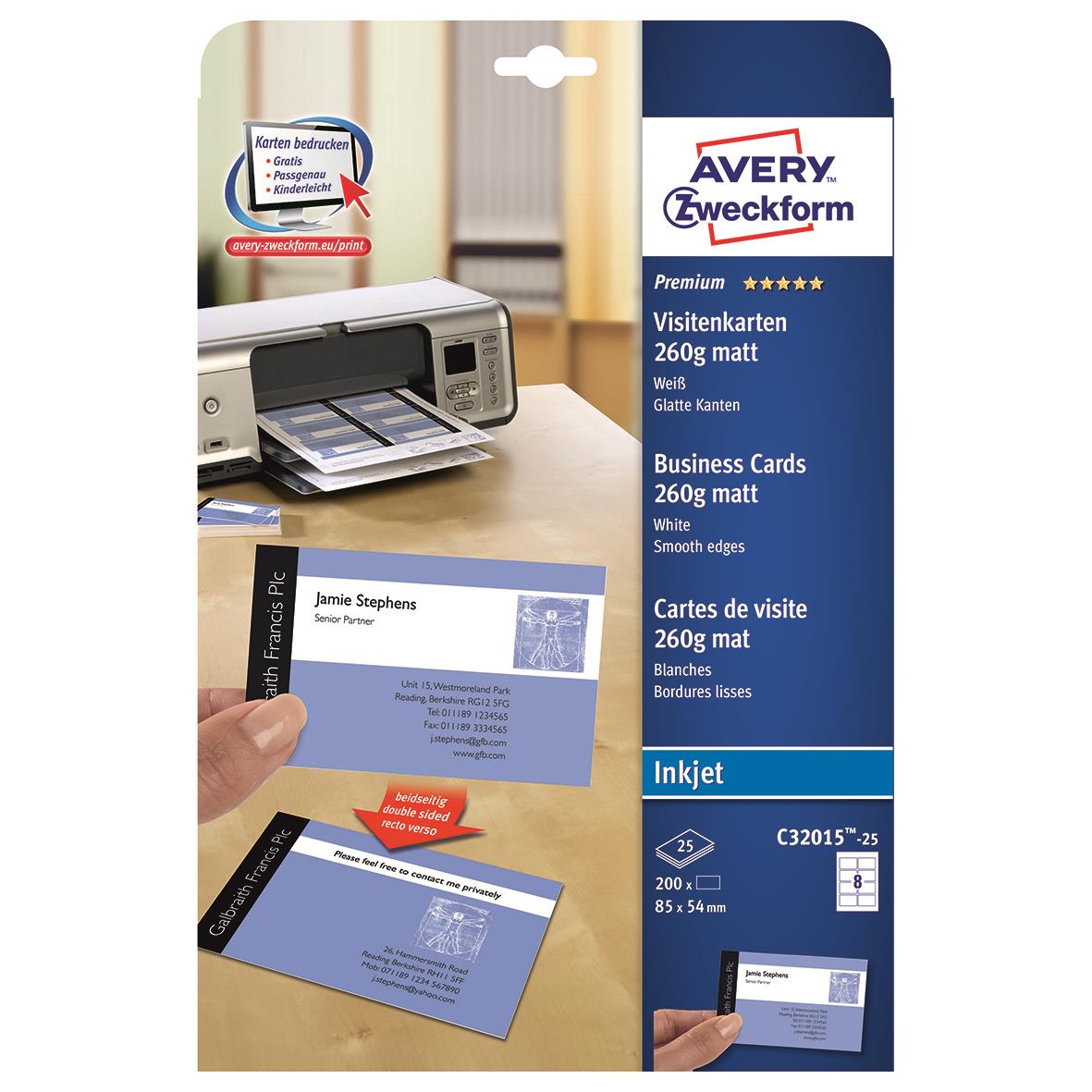 Visitkort Avery Quick & Clean inkjet 260g 85x54mm