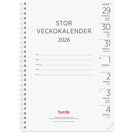 Almanacka Burde 1100 Stor Veckokalender Refill 2026
