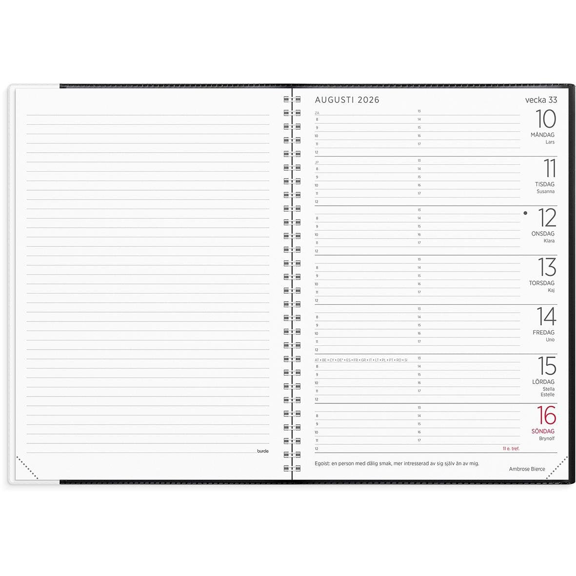 Almanacka Burde 1106 Stor Veckokalender Plast 2026 Svart