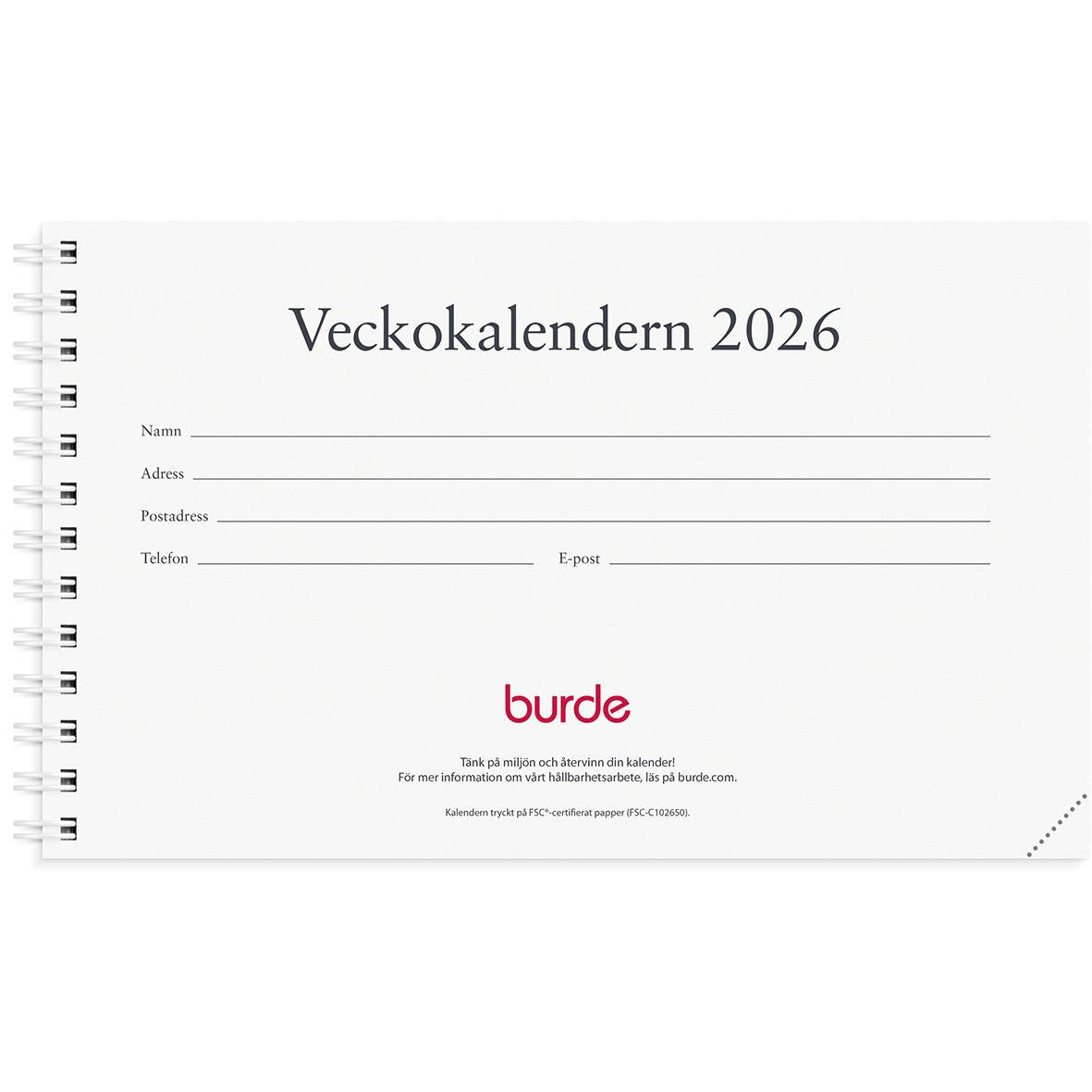 Almanacka Burde 1410 Veckokalendern Refill 2026