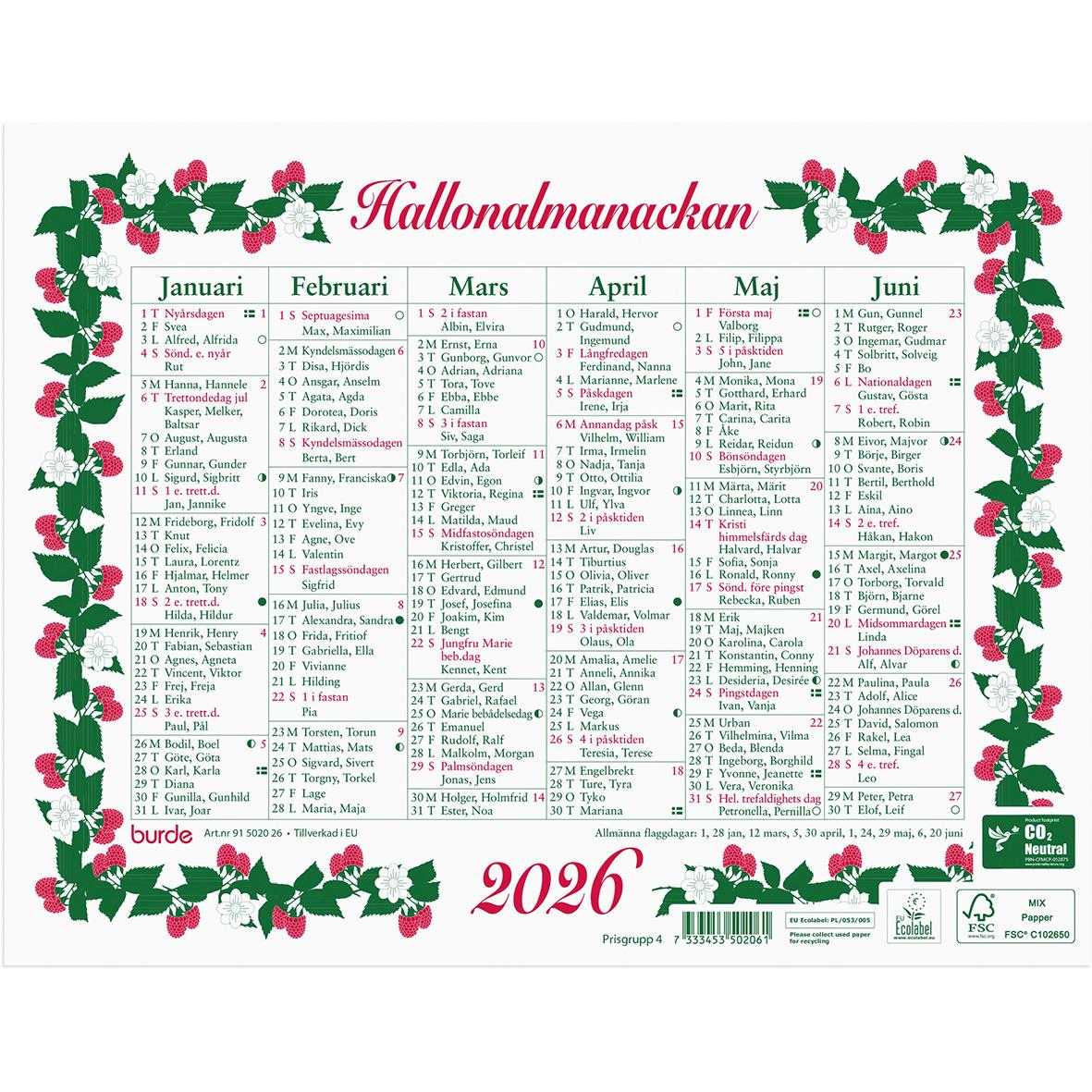 Almanacka Burde 5020 Lilla Hallonalmanackan 2026