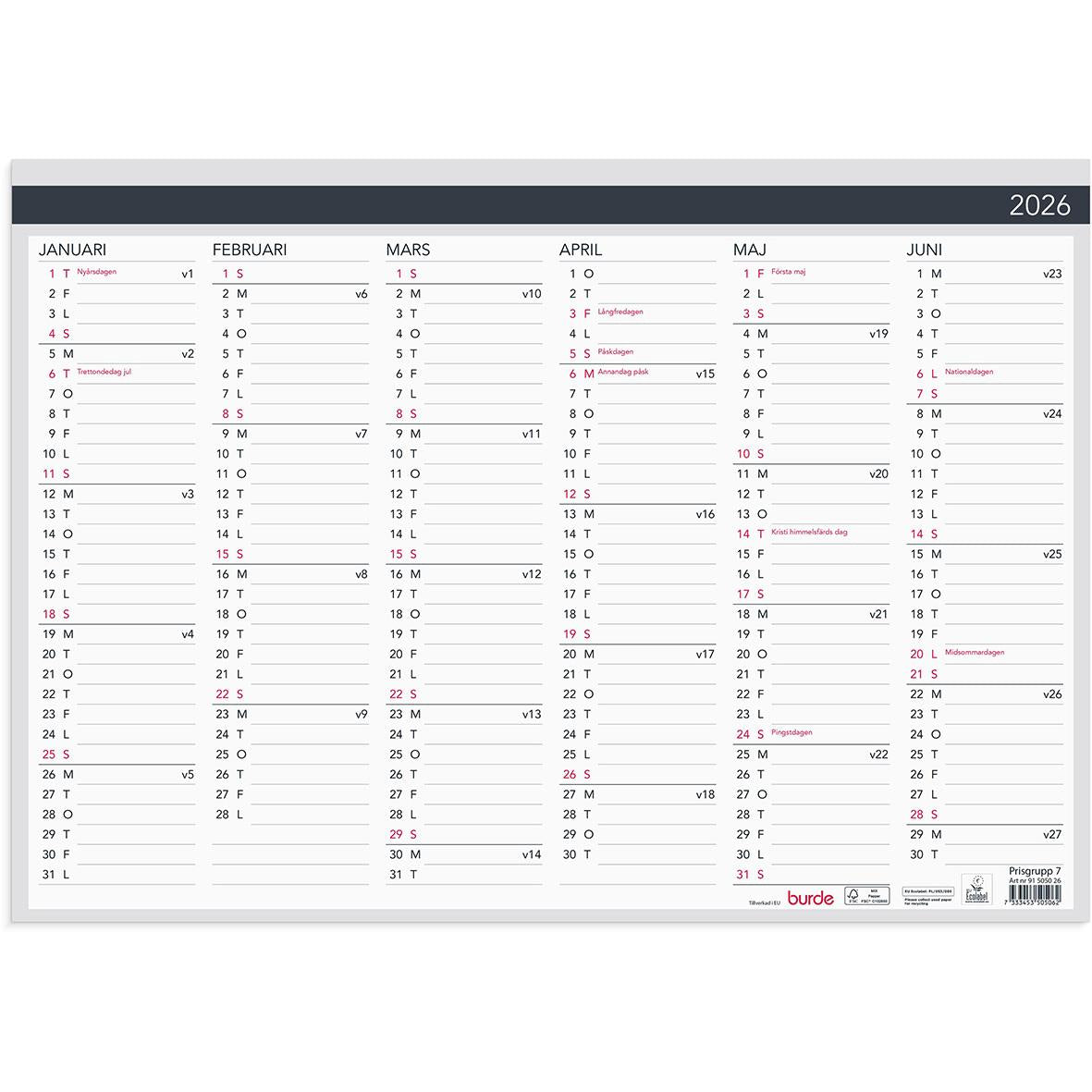 Almanacka Burde 5050 Väggblad Elegant 2026 420x297mm
