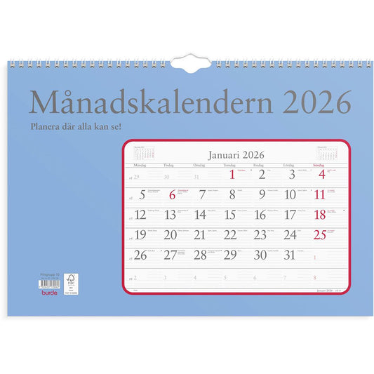 Väggkalender Burde 1700 Månadskalendern 2026