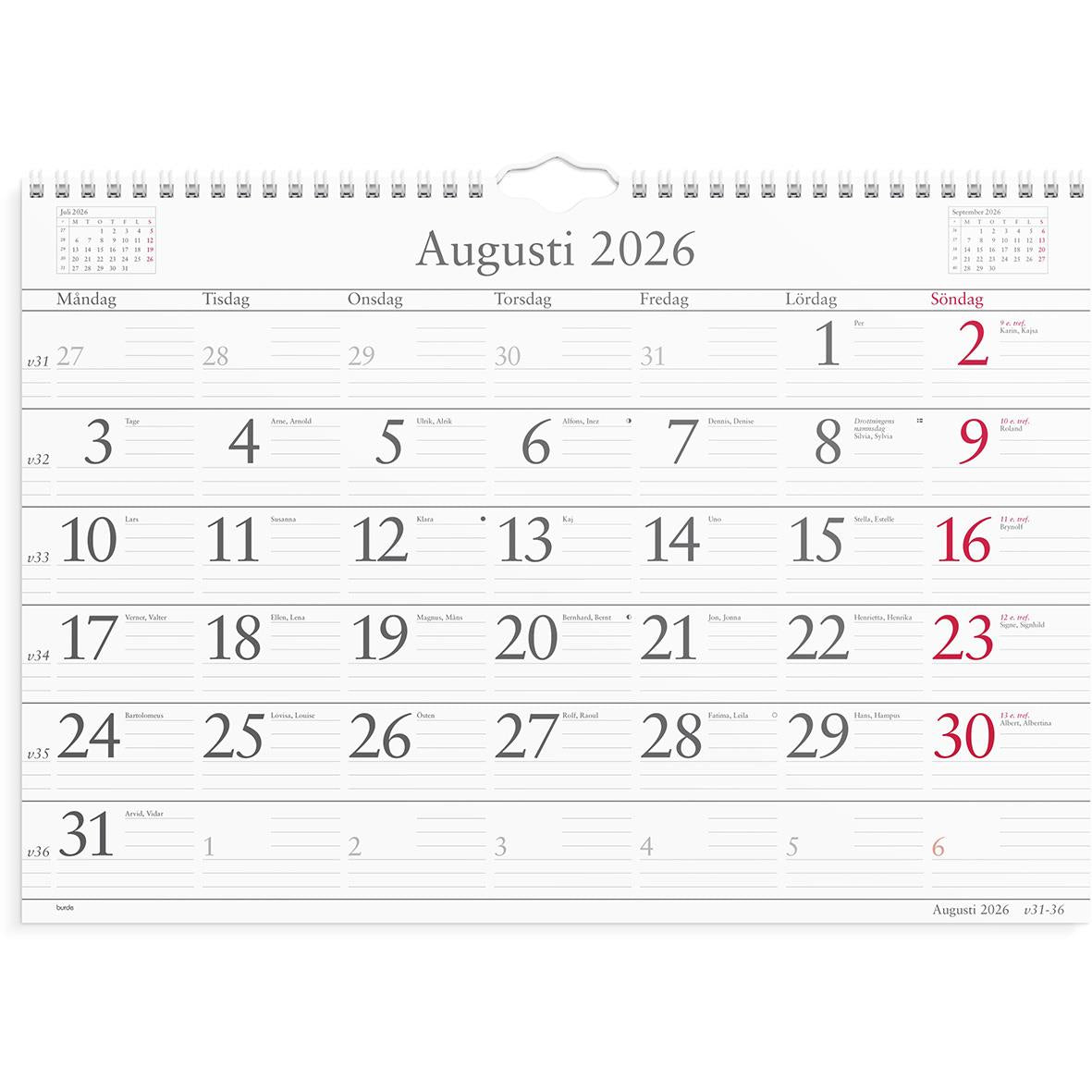 Väggkalender Burde 1700 Månadskalendern 2026