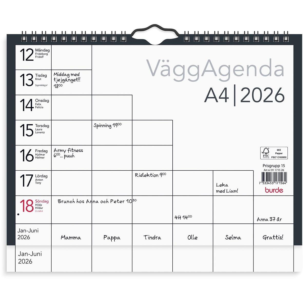 Väggkalender Burde 1715 Väggagenda 2026 A4