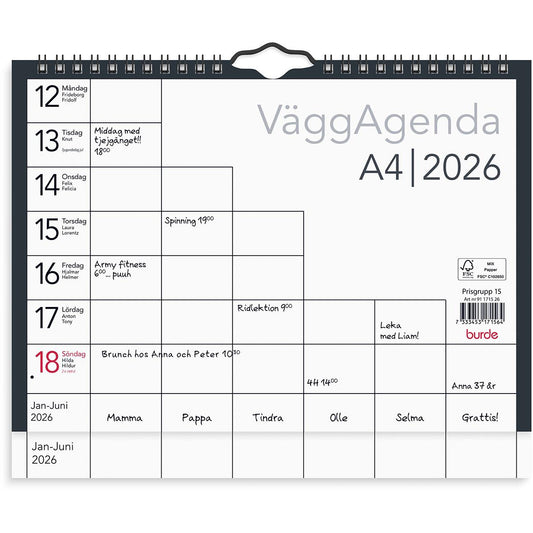 Väggkalender Burde 1715 Väggagenda 2026 A4