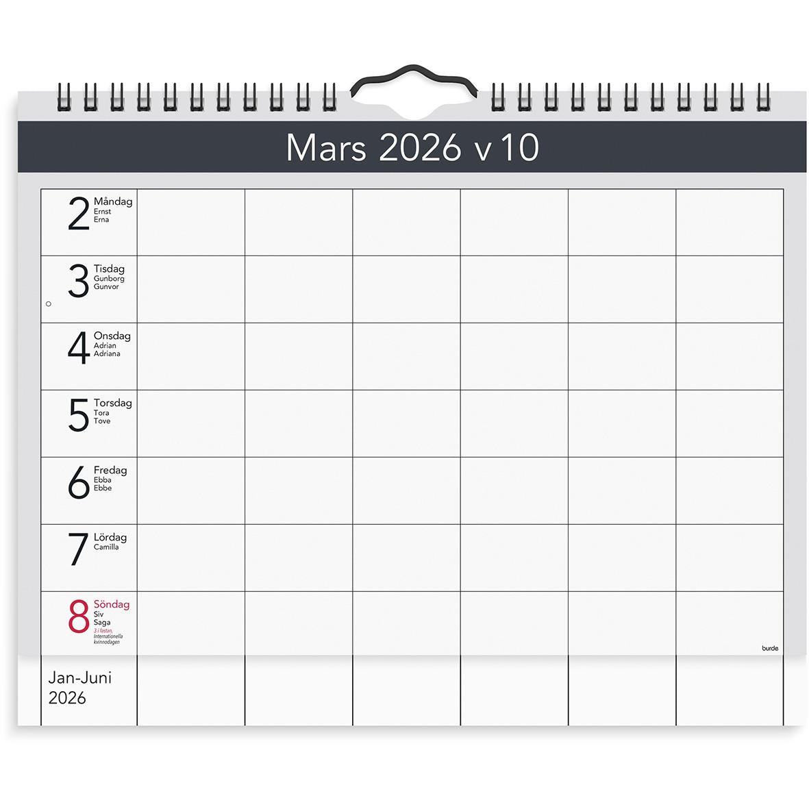 Väggkalender Burde 1715 Väggagenda 2026 A4