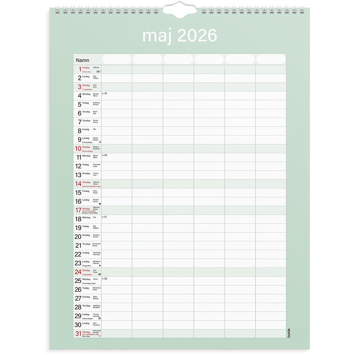 Väggkalender Burde 1759 Familjekalender Praktisk 2026