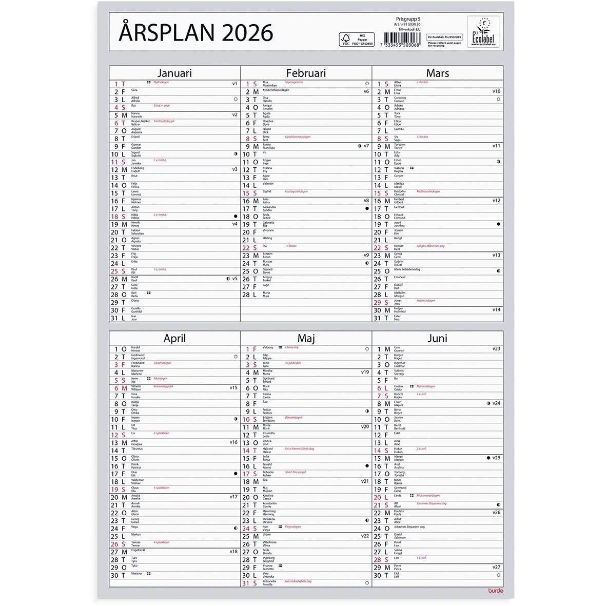 Almanacka Burde 5030 Årsplan 2026