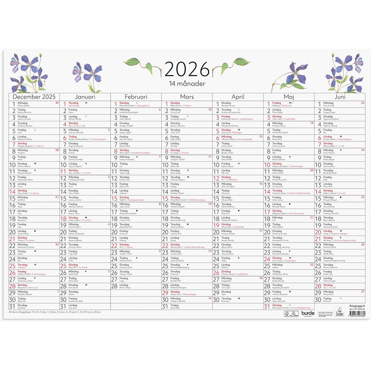 Väggkalender Burde 5076 Väggblad 14-Månaders 2026 490x360mm