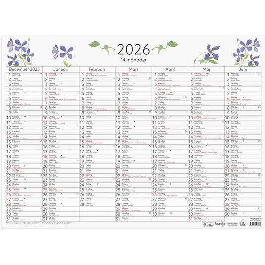 Väggkalender Burde 5076 Väggblad 14-Månaders 2026 490x360mm