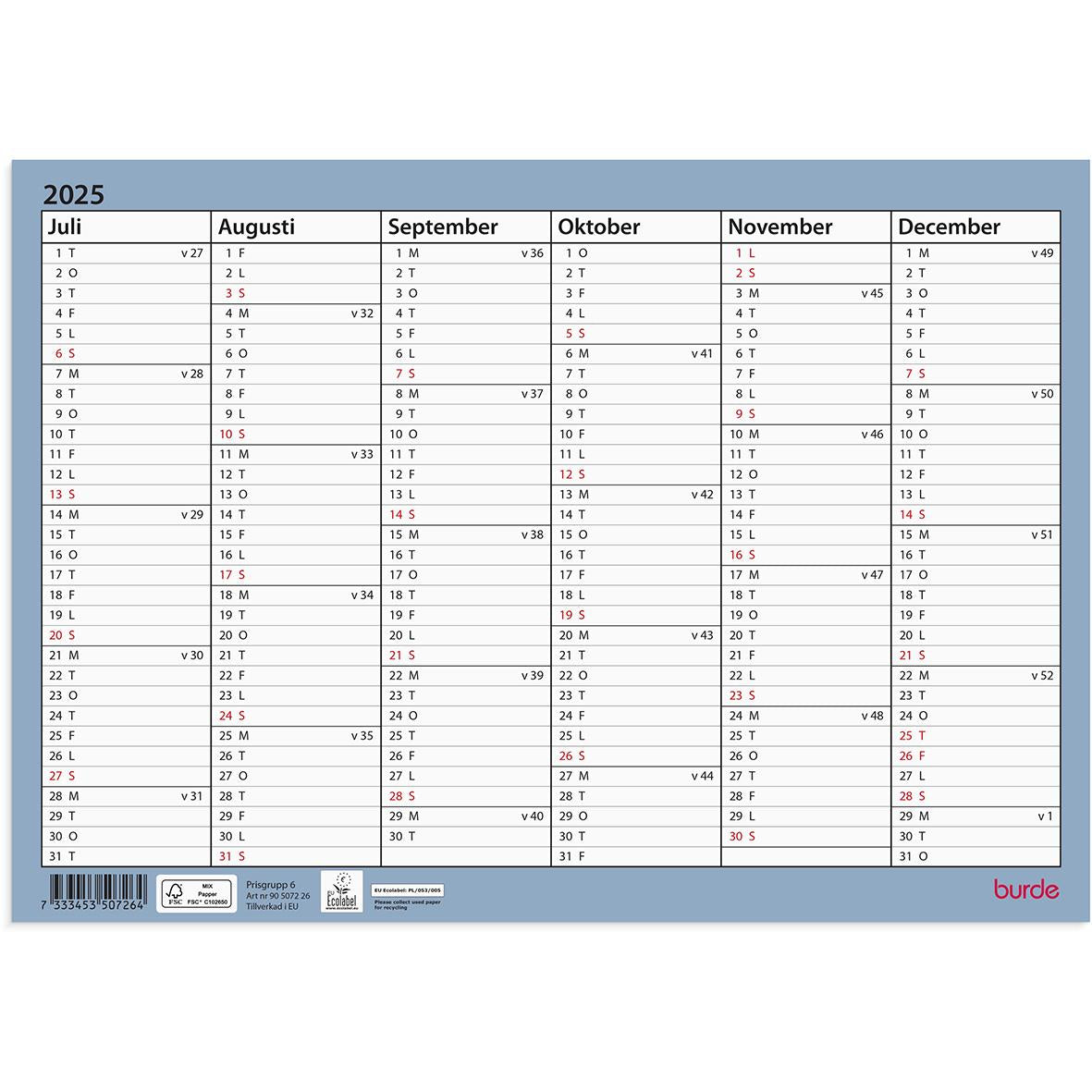 Väggkalender Burde 5072 Väggblad 25-26 A4