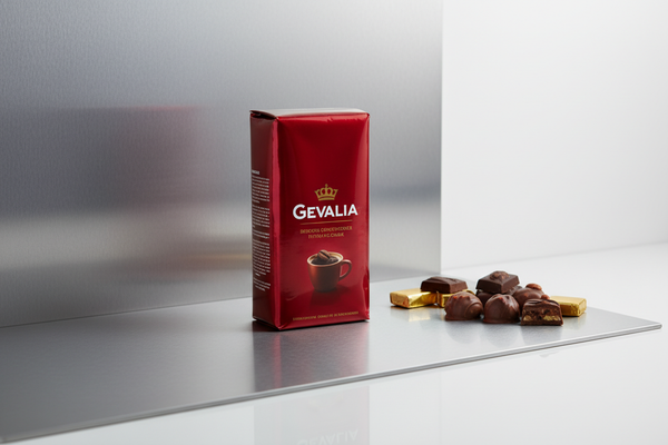 gavelia red pack coffee, chocolates with silverish and white background 