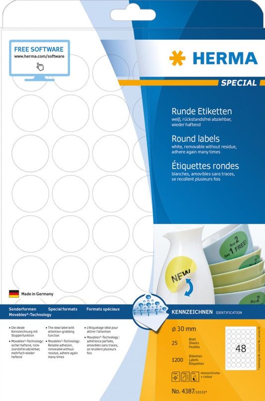 Etikett Herma Special avtagbar Ø 30mm 1200st/fp