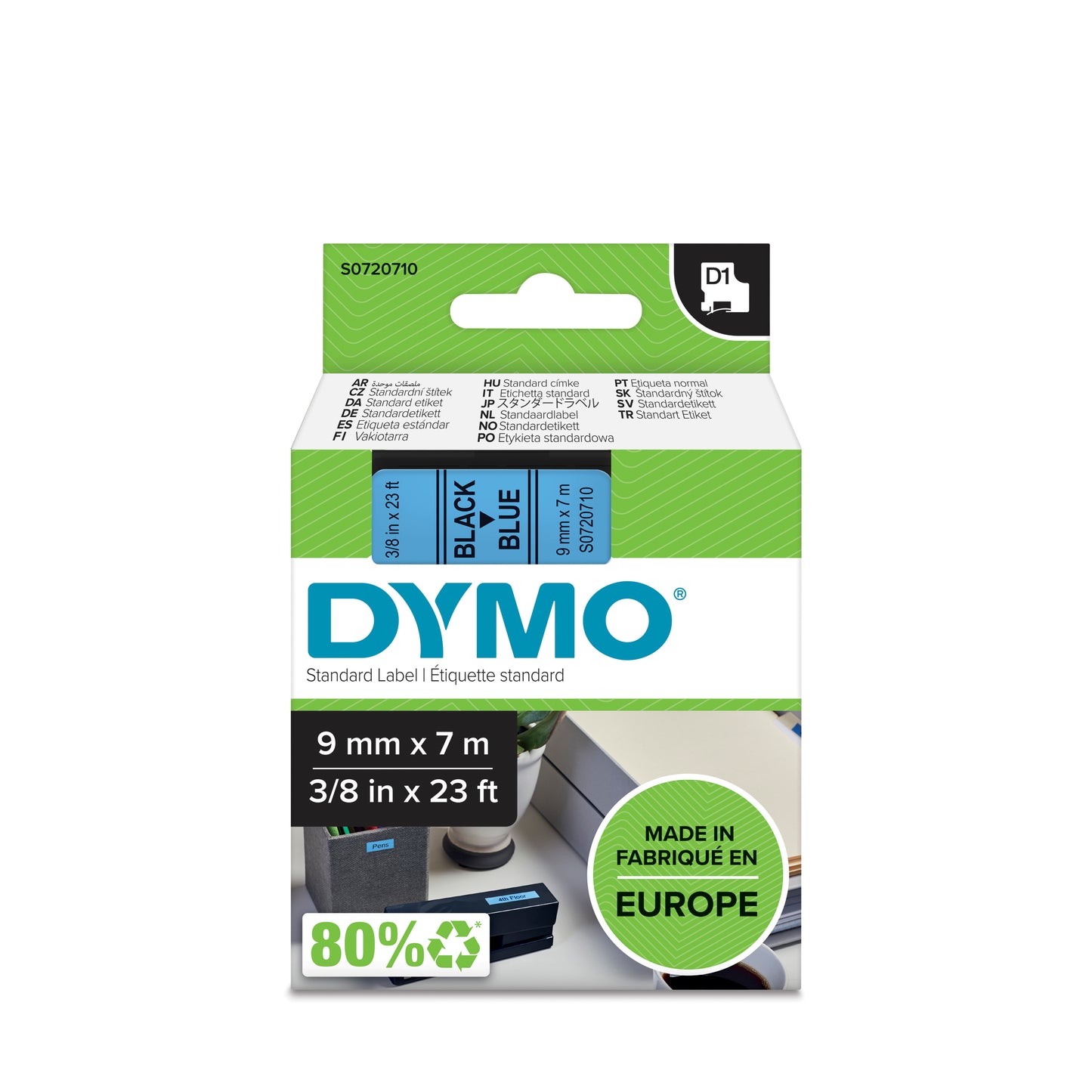 Märkband Dymo D1 9mm svart/blå